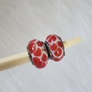 Pandora Lot of 2 Red Heart Murano Glass Bracelet Beads
